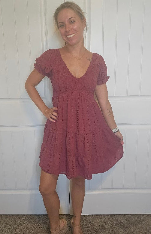 Mauve Eyelet Smocked Babydoll Dress