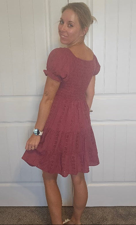 Mauve Eyelet Smocked Babydoll Dress