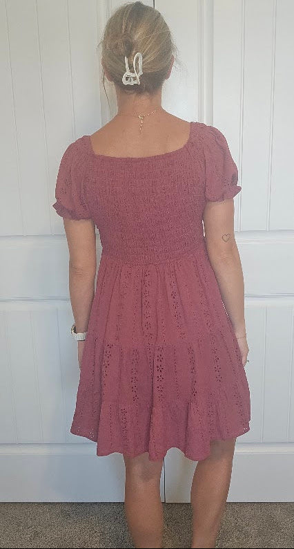 Mauve Eyelet Smocked Babydoll Dress
