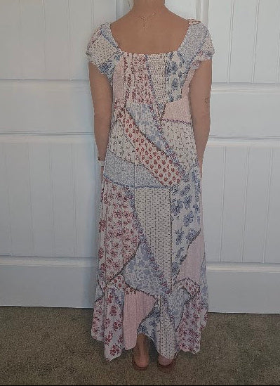 Cap Sleeve High Slit Patchwork Print Maxi Dress