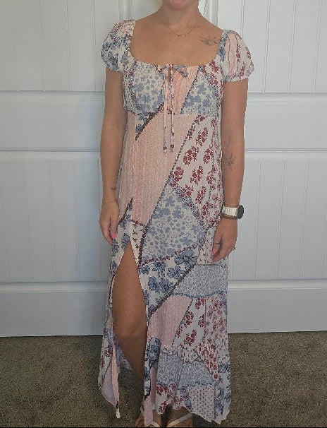 Cap Sleeve High Slit Patchwork Print Maxi Dress