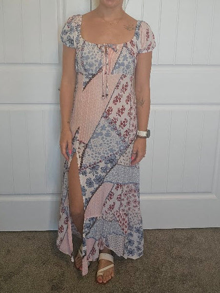 Cap Sleeve High Slit Patchwork Print Maxi Dress