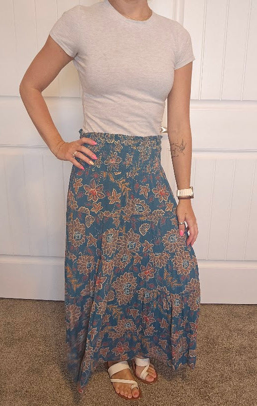 Teal Floral Boho Maxi Skirt