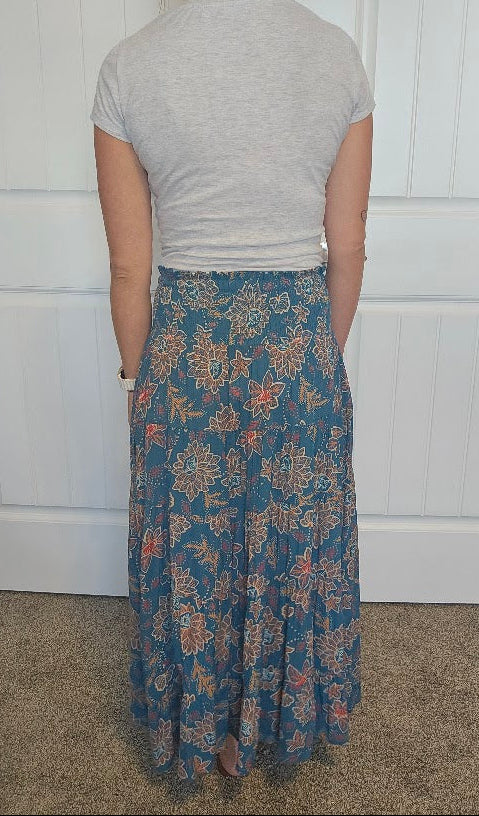Teal Floral Boho Maxi Skirt