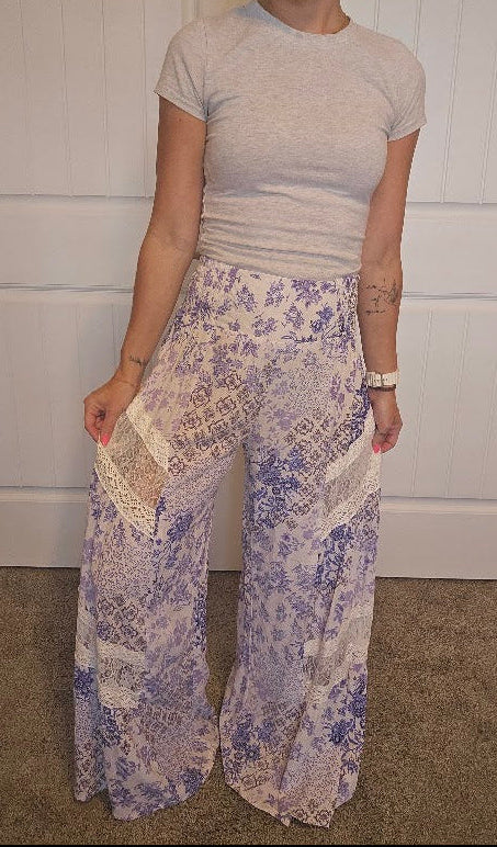 Purple Floral Wide-Leg Palazzo Pants