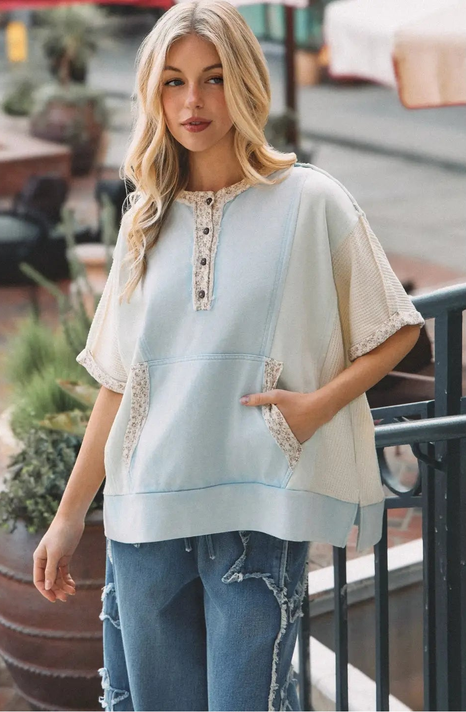 Colorblock Floral Trim Henley Pullover