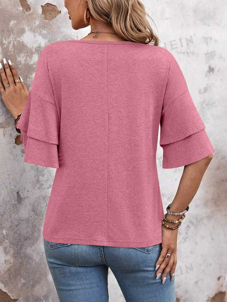 Ruffle Sleeve V Neck Loose Fit Top