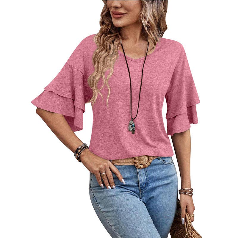 Ruffle Sleeve V Neck Loose Fit Top