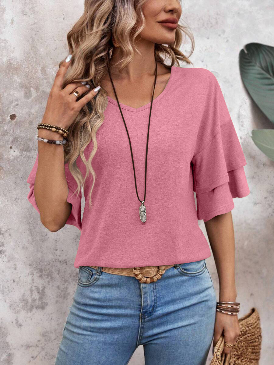 Ruffle Sleeve V Neck Loose Fit Top