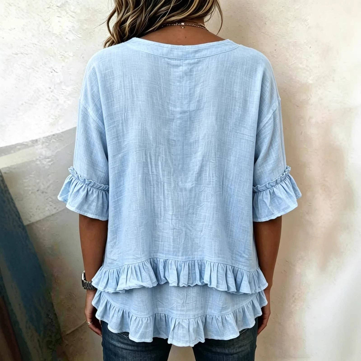 Ruffle Hem V-Neck Blouse with Short Flounce Sleeves