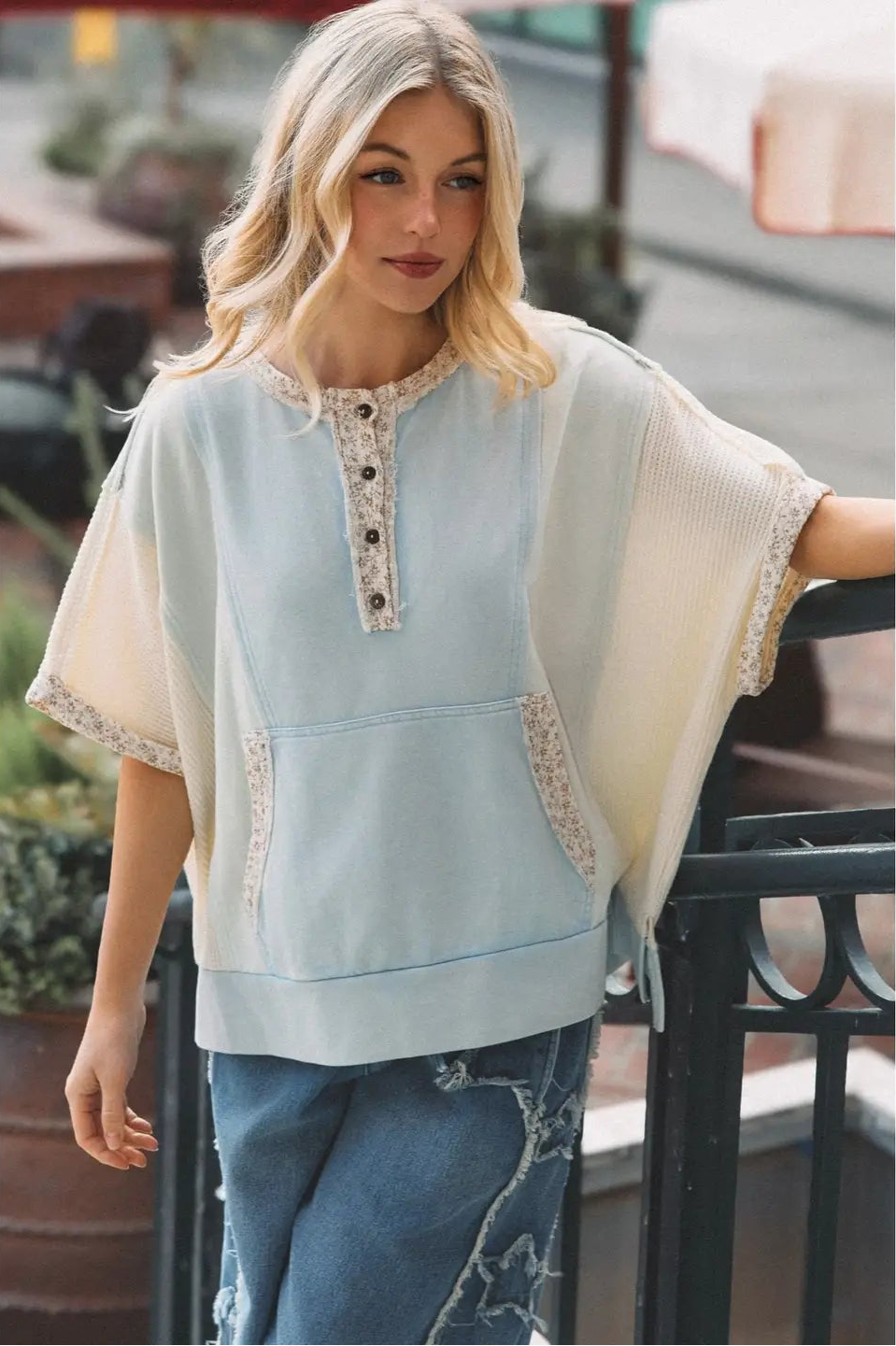 Colorblock Floral Trim Henley Pullover