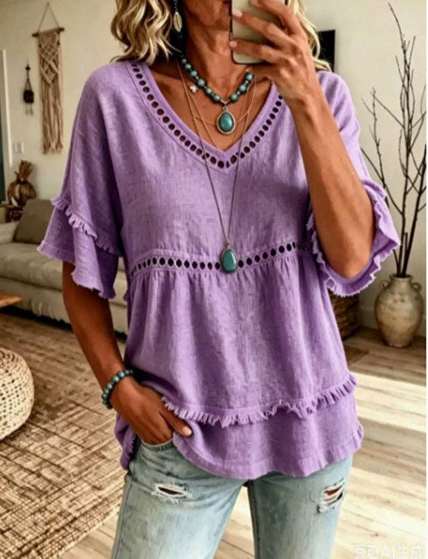 Boho Eyelet Trim V Neck Ruffle Sleeve Blouse