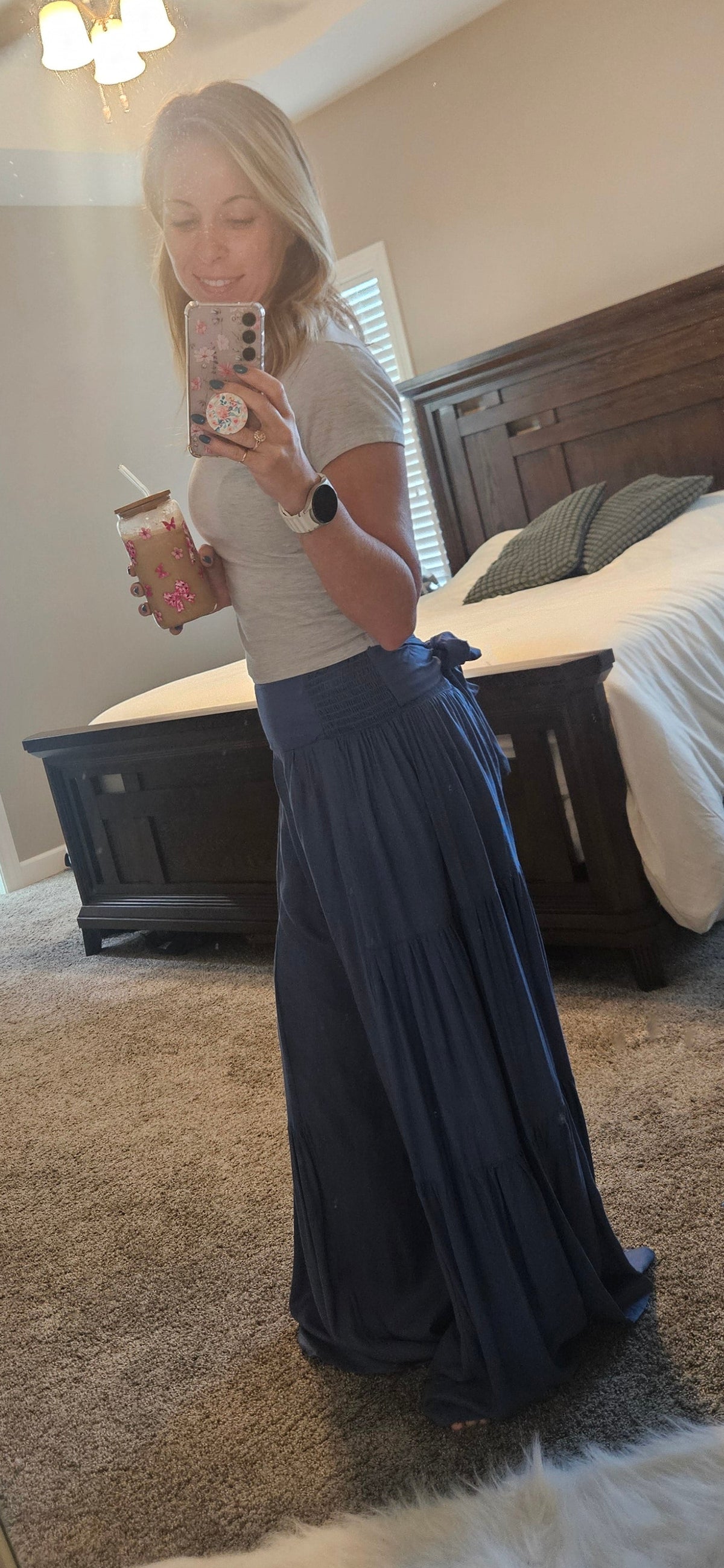 Textured Fabric Wide Leg Tie Waist Pants