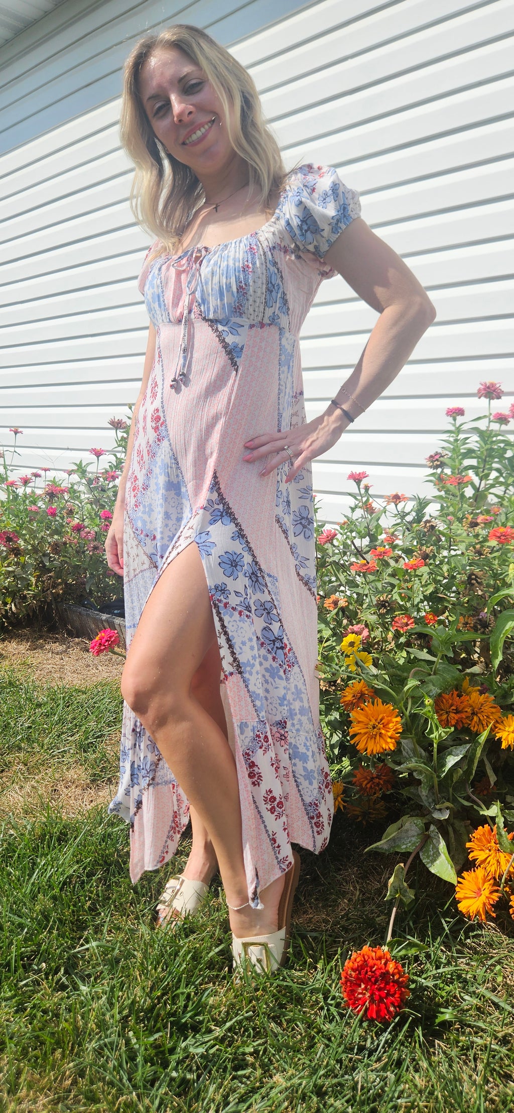 Cap Sleeve High Slit Patchwork Print Maxi Dress