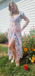 Cap Sleeve High Slit Patchwork Print Maxi Dress