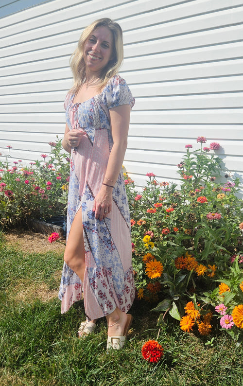 Cap Sleeve High Slit Patchwork Print Maxi Dress